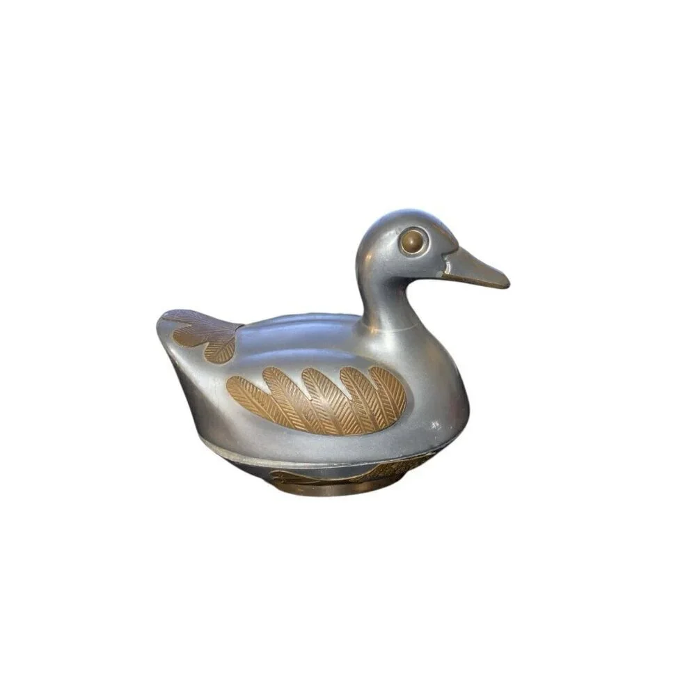 Vintage 1970's Pewter Duck Trinket Box with Brass Overlay Hong Kong 4